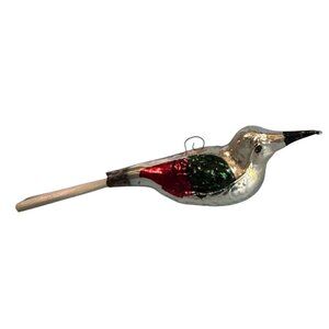 Vintage Blown Mercury Glass Bird Ornament Red Green Silver 4.5" w/tail Germany